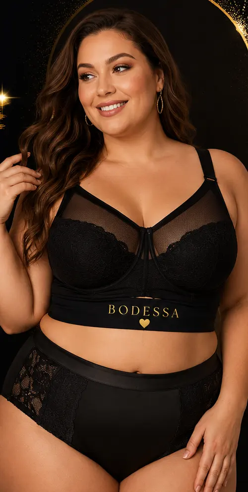 Model in the black lace Valentina bra and high-waisted knickers