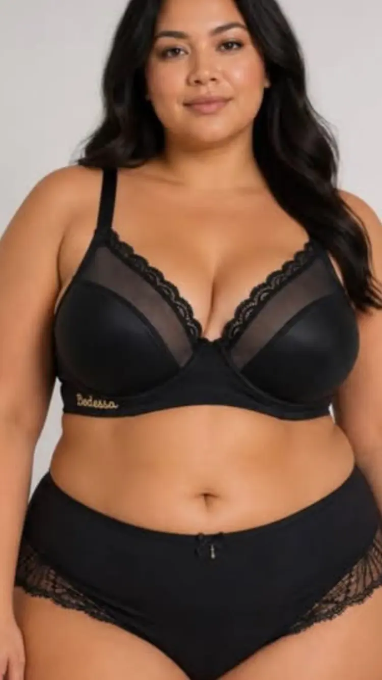 Model wearing the black lace Valentina bra and knickers set